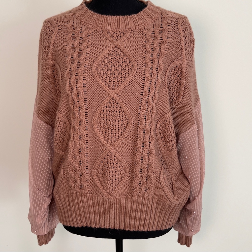 Alice Blue Dusty Rose Cable Knit Sweater w/ Sheer Striped Beaded Sleeves Large